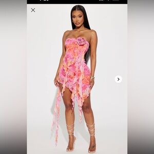 Floral Pink Strapless Two Piece Skirt Set
